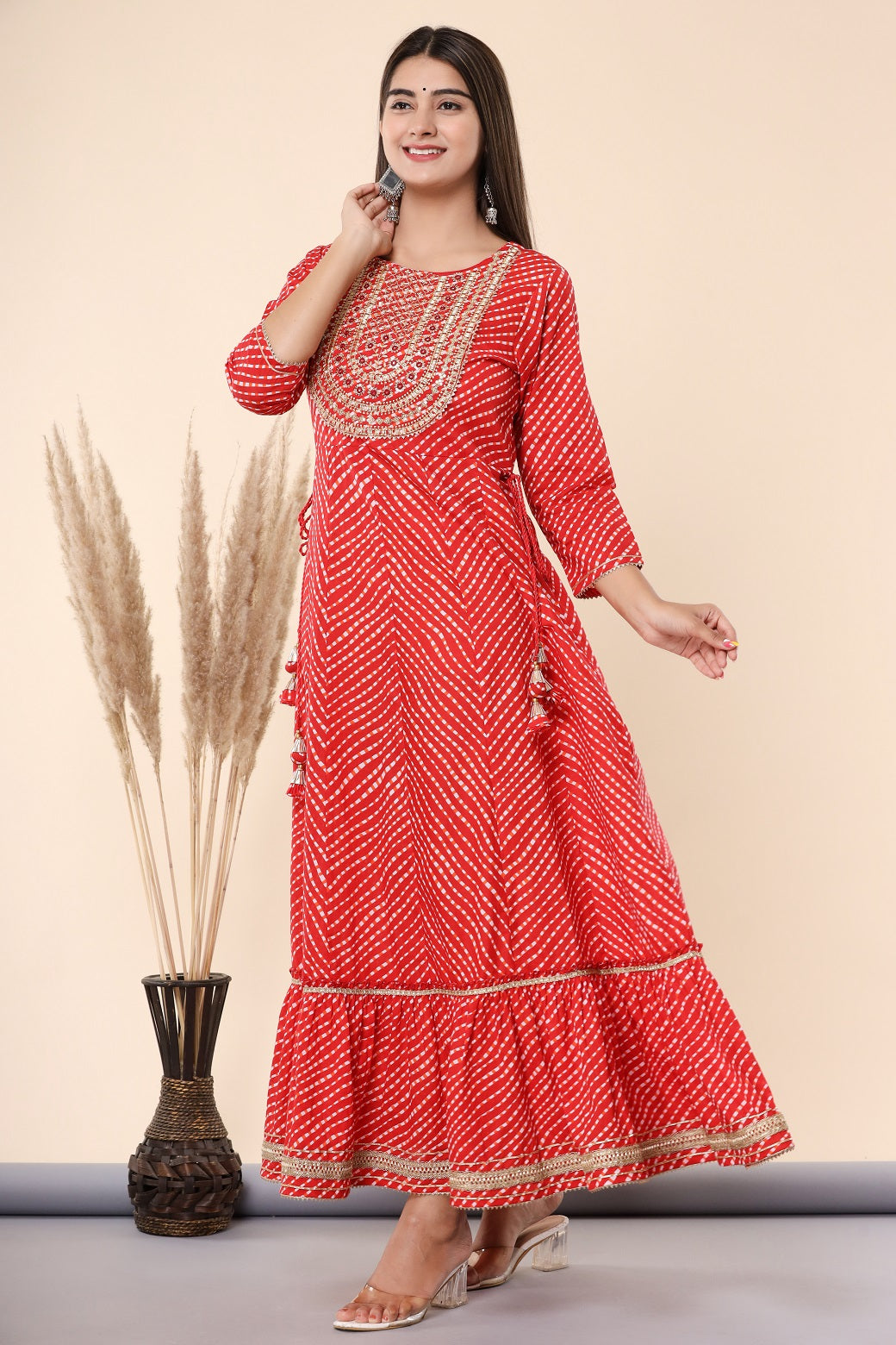 Maroon Printed Embroidered Mirror Work Sequin Cotton Flared Dress - Image 4