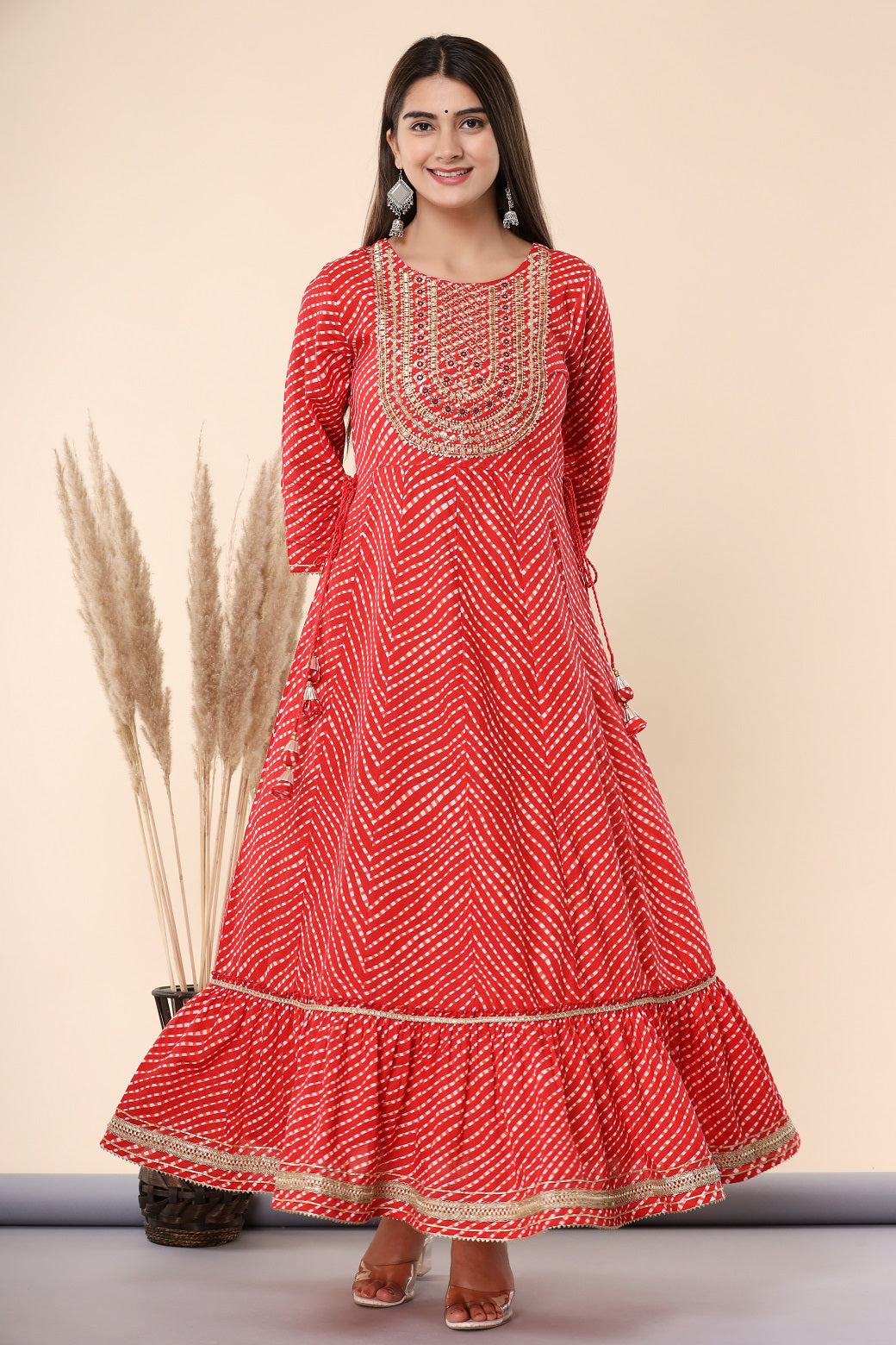 Maroon Printed Embroidered Mirror Work Sequin Cotton Flared Dress - Image 3