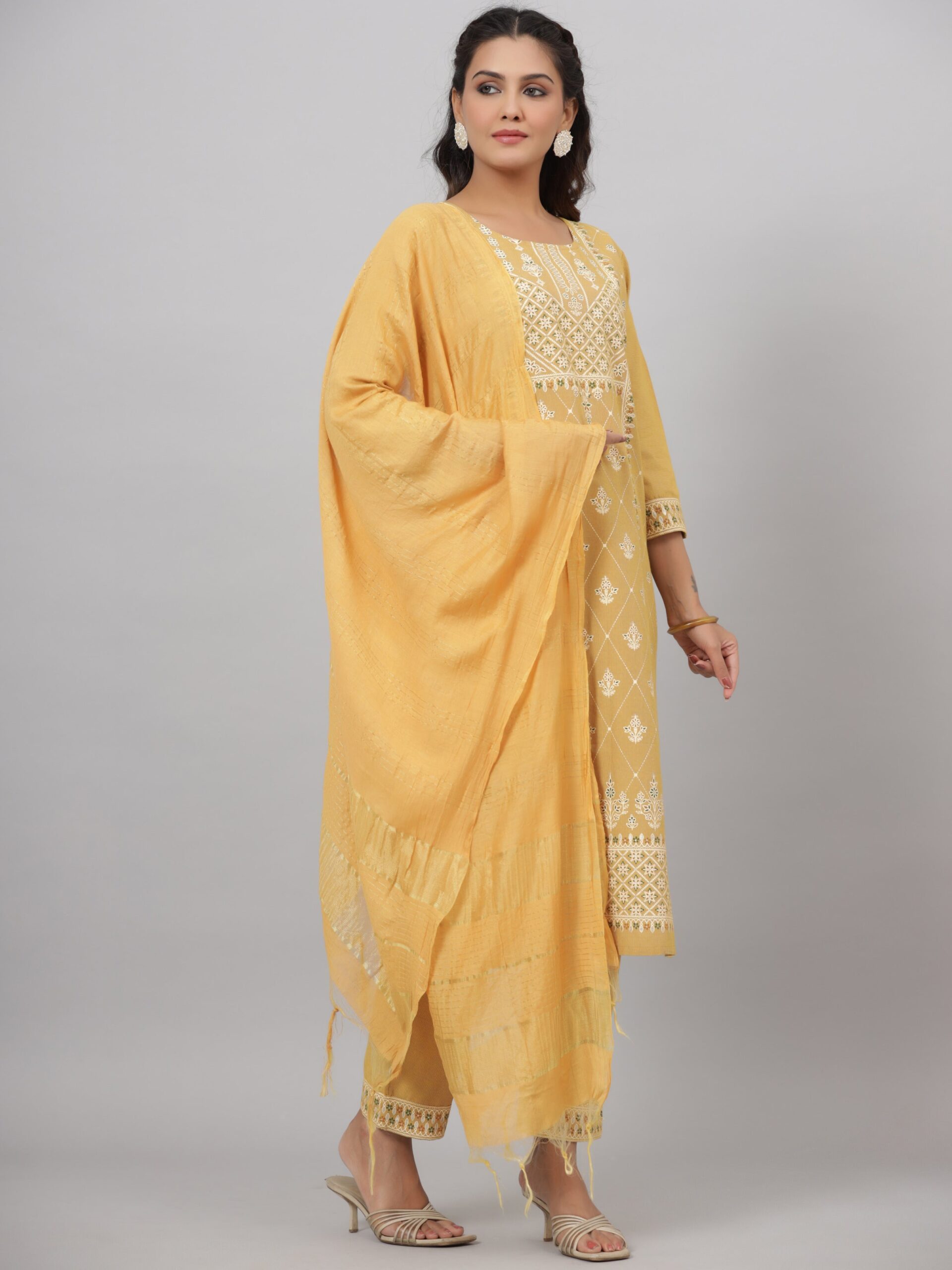 Mustard Cotton Printed Kurta Set - Image 3