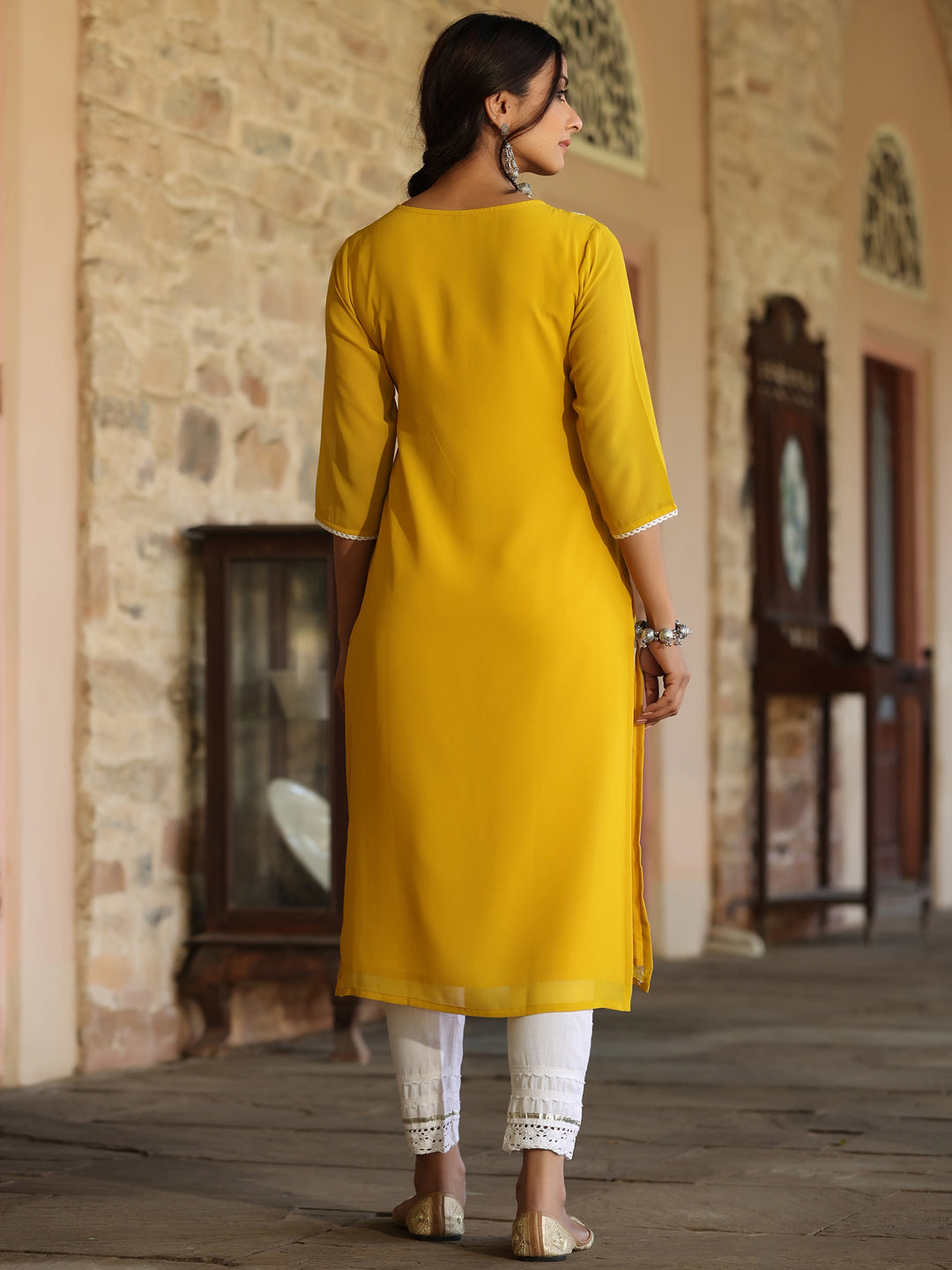 Yellow Georgette Printed Kurta - Image 2