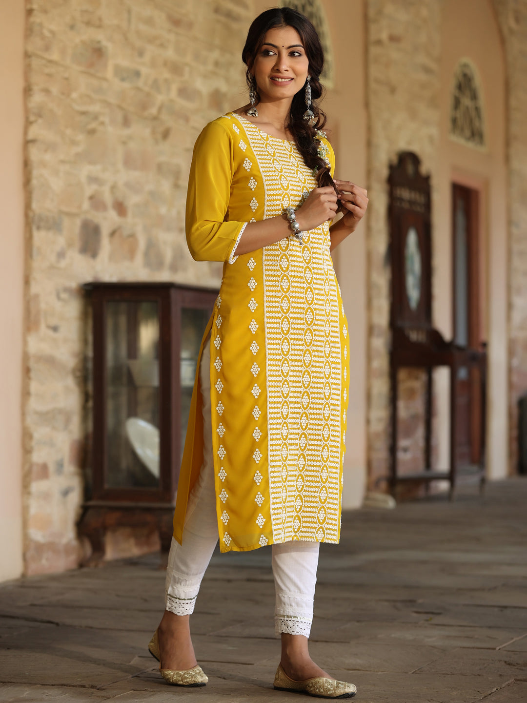 Yellow Georgette Printed Kurta - Image 4