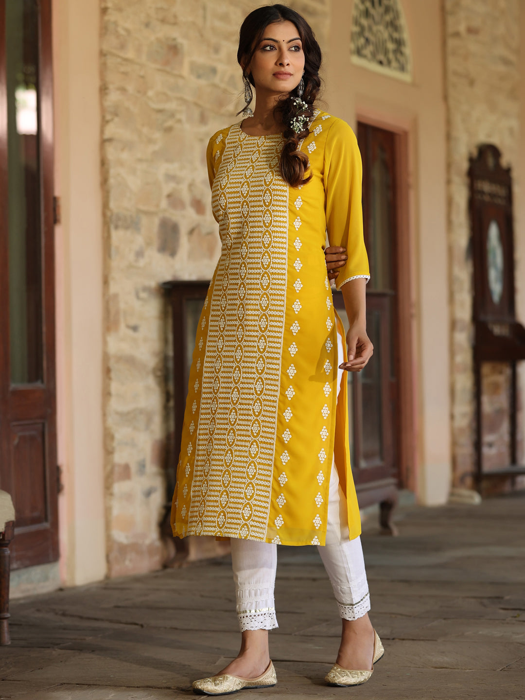 Yellow Georgette Printed Kurta - Image 3