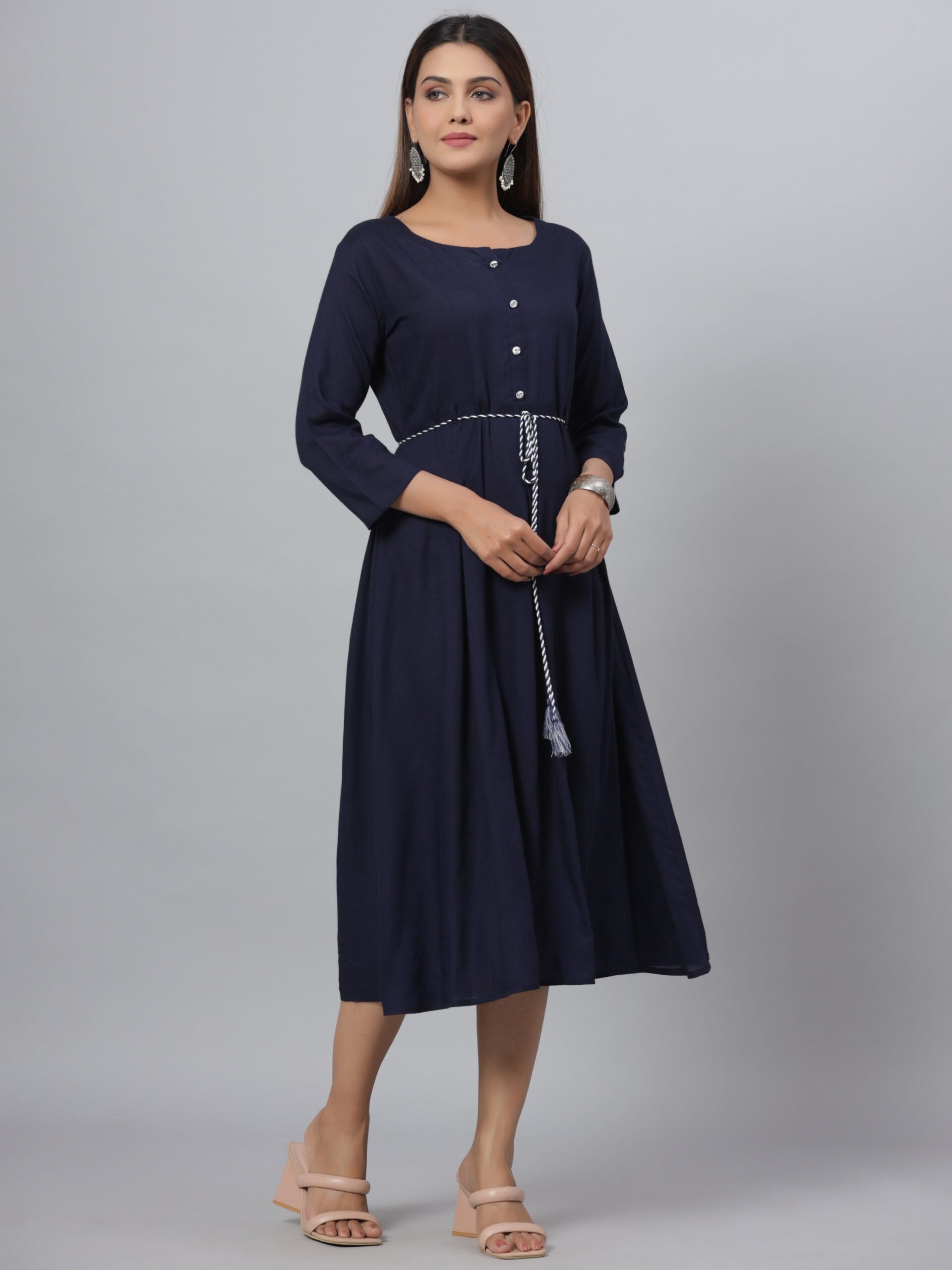 Navy Rayon Slub Solid Dress - Image 4
