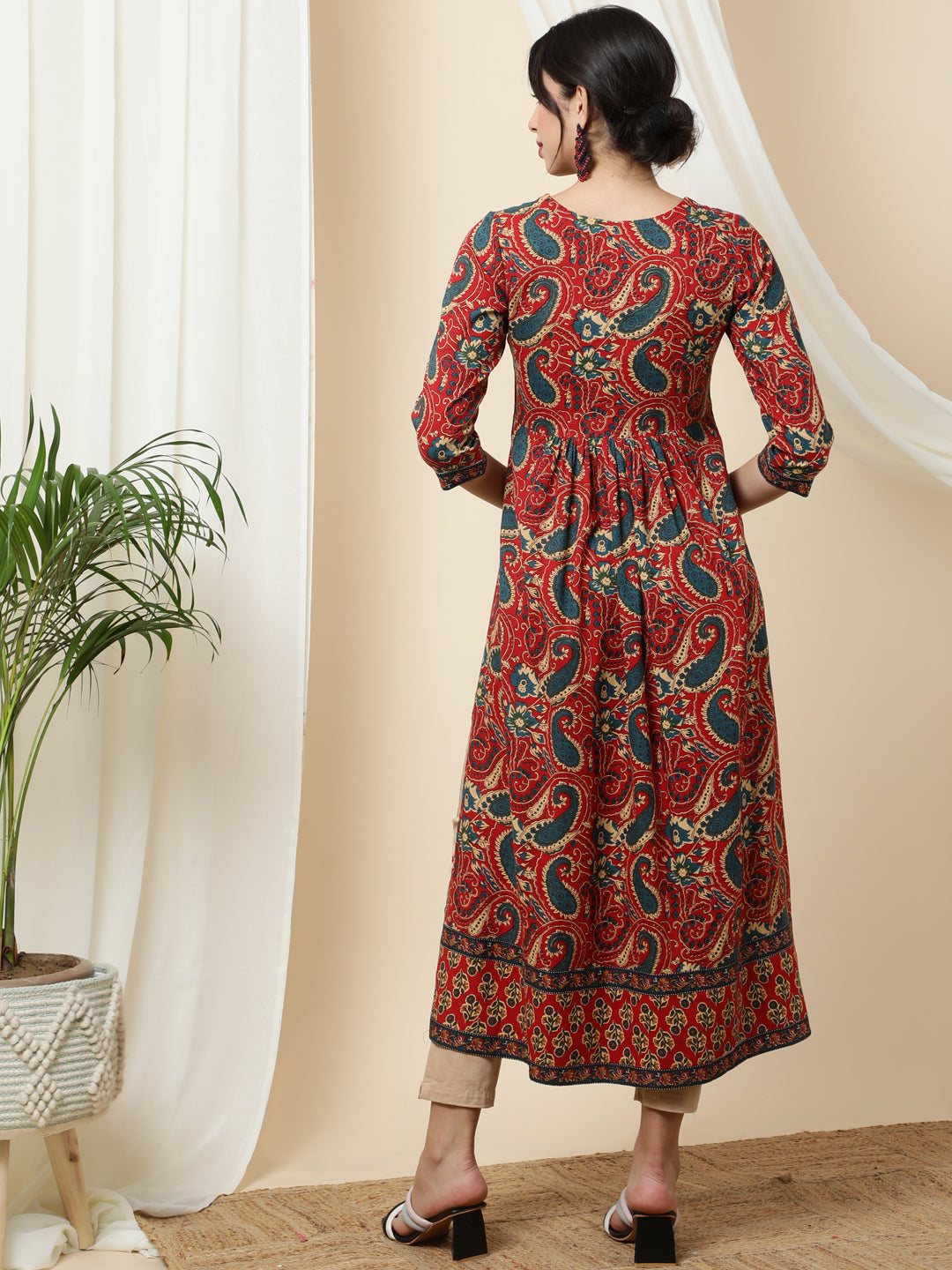 Rayon Calf Length Printed Semi-Flared 3/4 Sleeves Round Kurta - Image 2