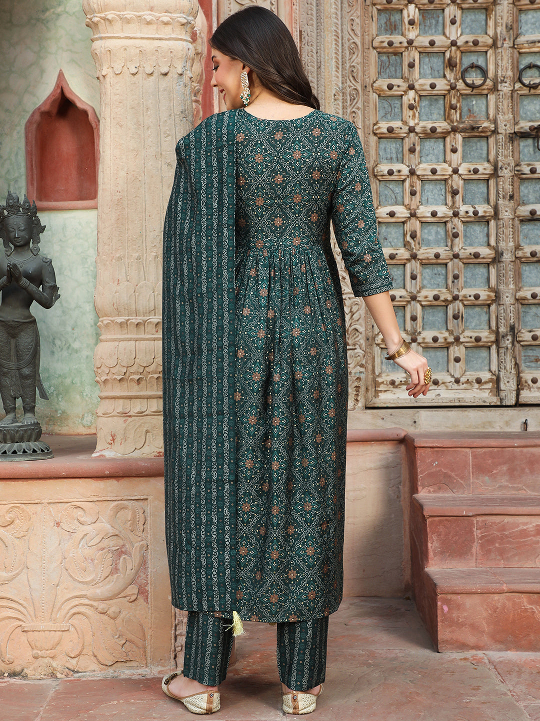 Rayon Calf Length Printed Semi-Flared 3/4 Sleeves Round Kurta Bottom Dupatta Set - Image 2
