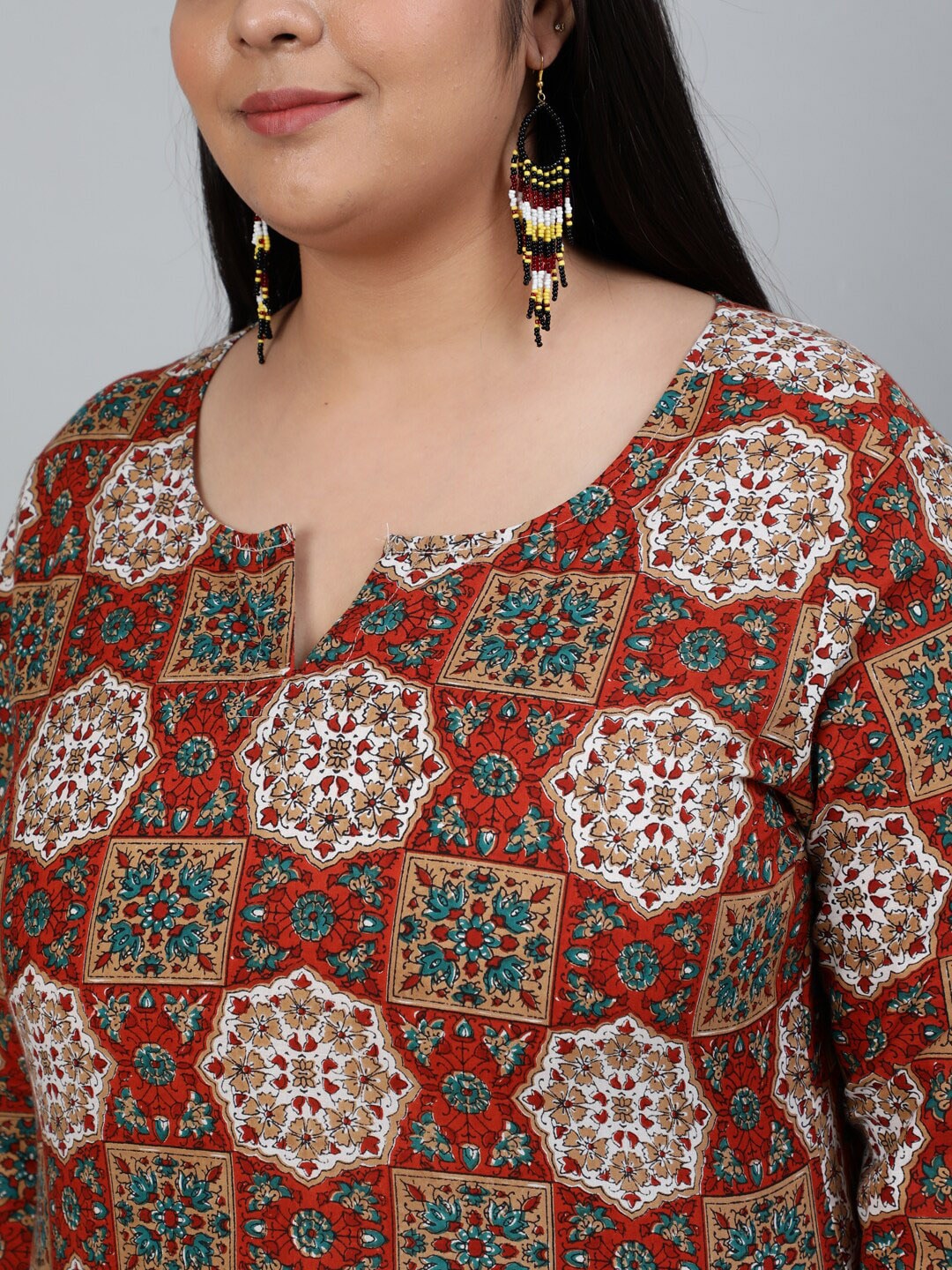 Plus Size Women Brown Printed Straight Kurta With Palazo & Dupatta - Image 2