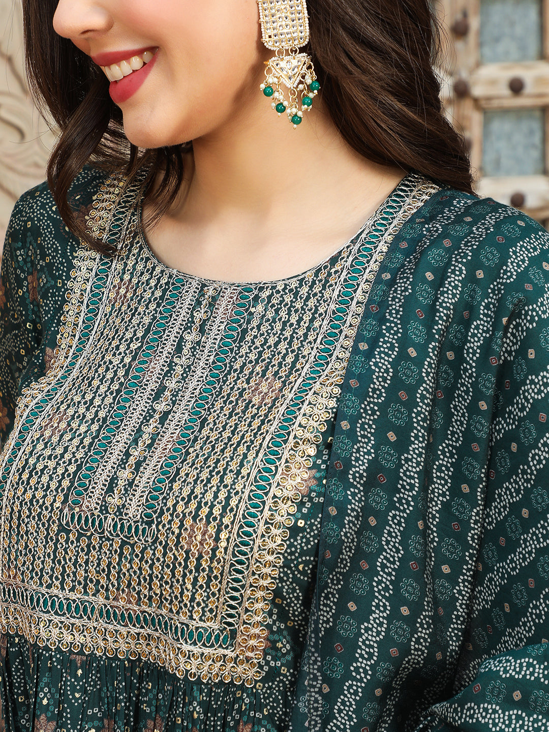 Rayon Calf Length Printed Semi-Flared 3/4 Sleeves Round Kurta Bottom Dupatta Set - Image 3
