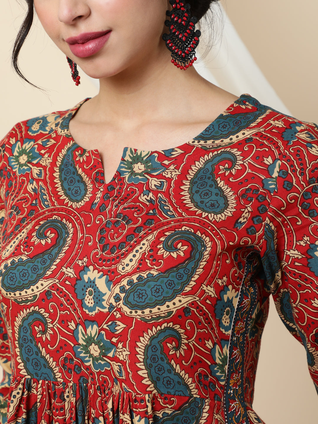 Rayon Calf Length Printed Semi-Flared 3/4 Sleeves Round Kurta - Image 3