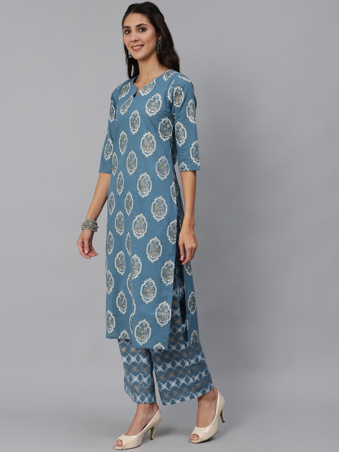 Women Blue & Gold Printed Kurta Set With Plazo & Dupatta - Image 4