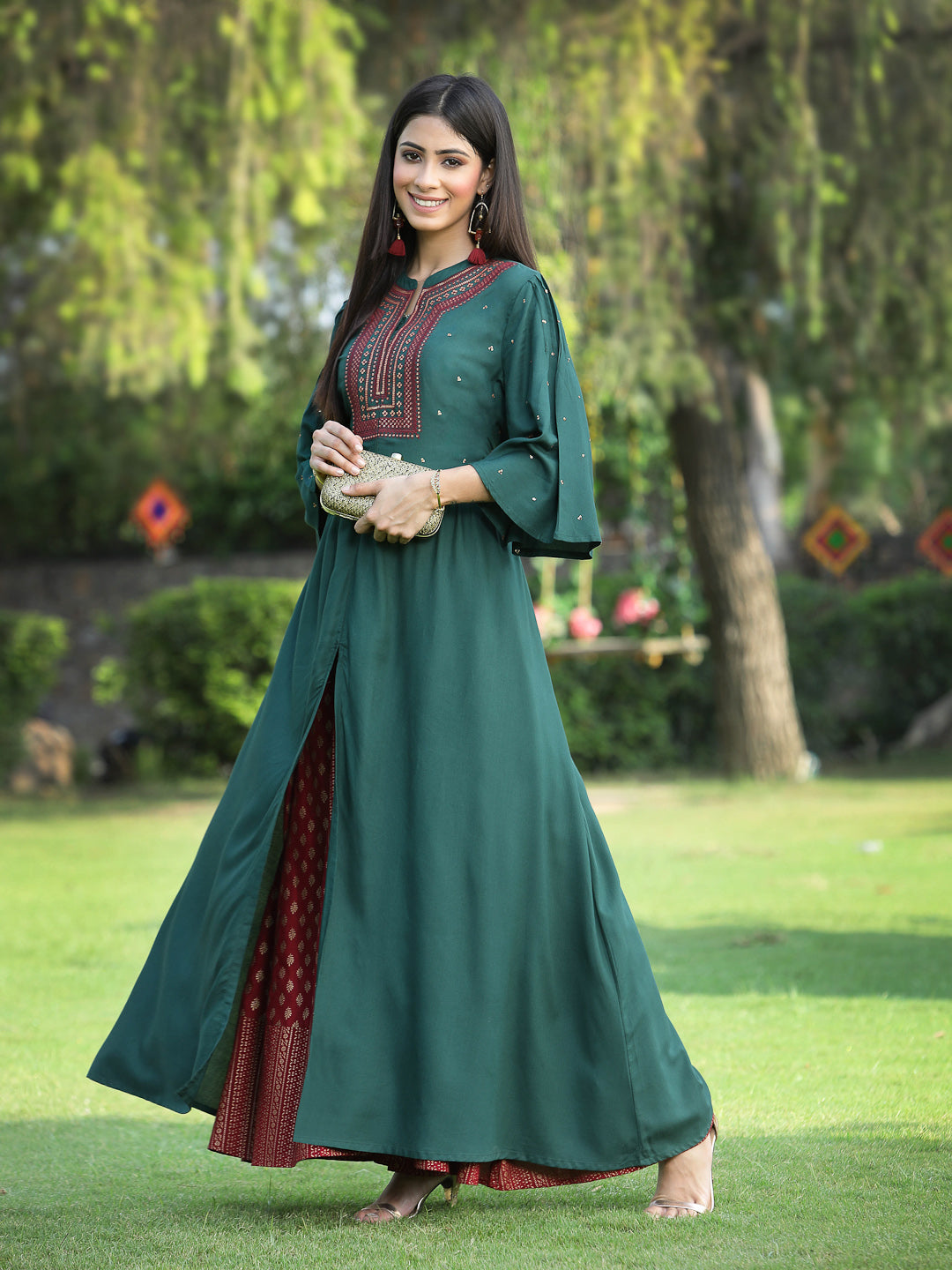 Jadegreen Rayon Embroidered & Printed High-Slit Kurta Sets - Image 3