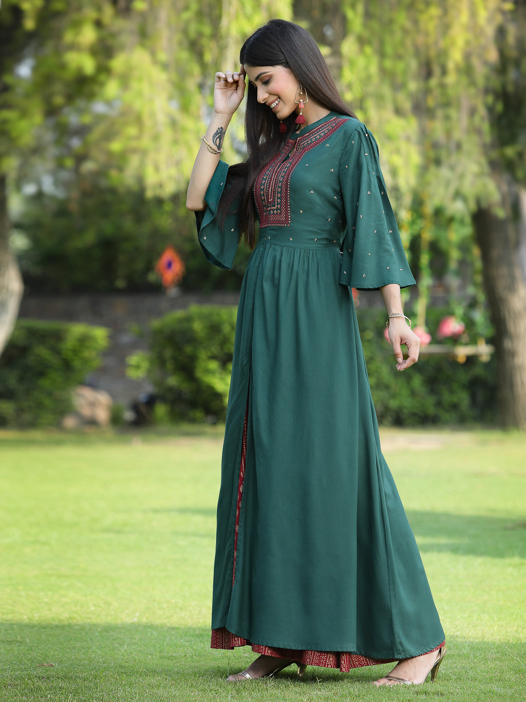 Jadegreen Rayon Embroidered & Printed High-Slit Kurta Sets - Image 5