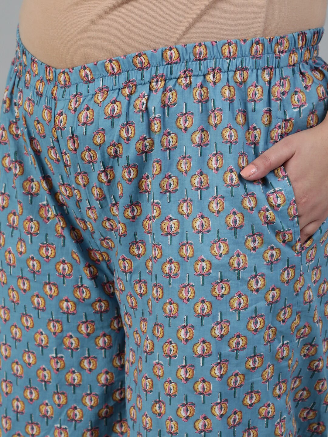Women Blue & Yellow Floral Printed Straight kurta with Plazo & Dupatta - Image 3