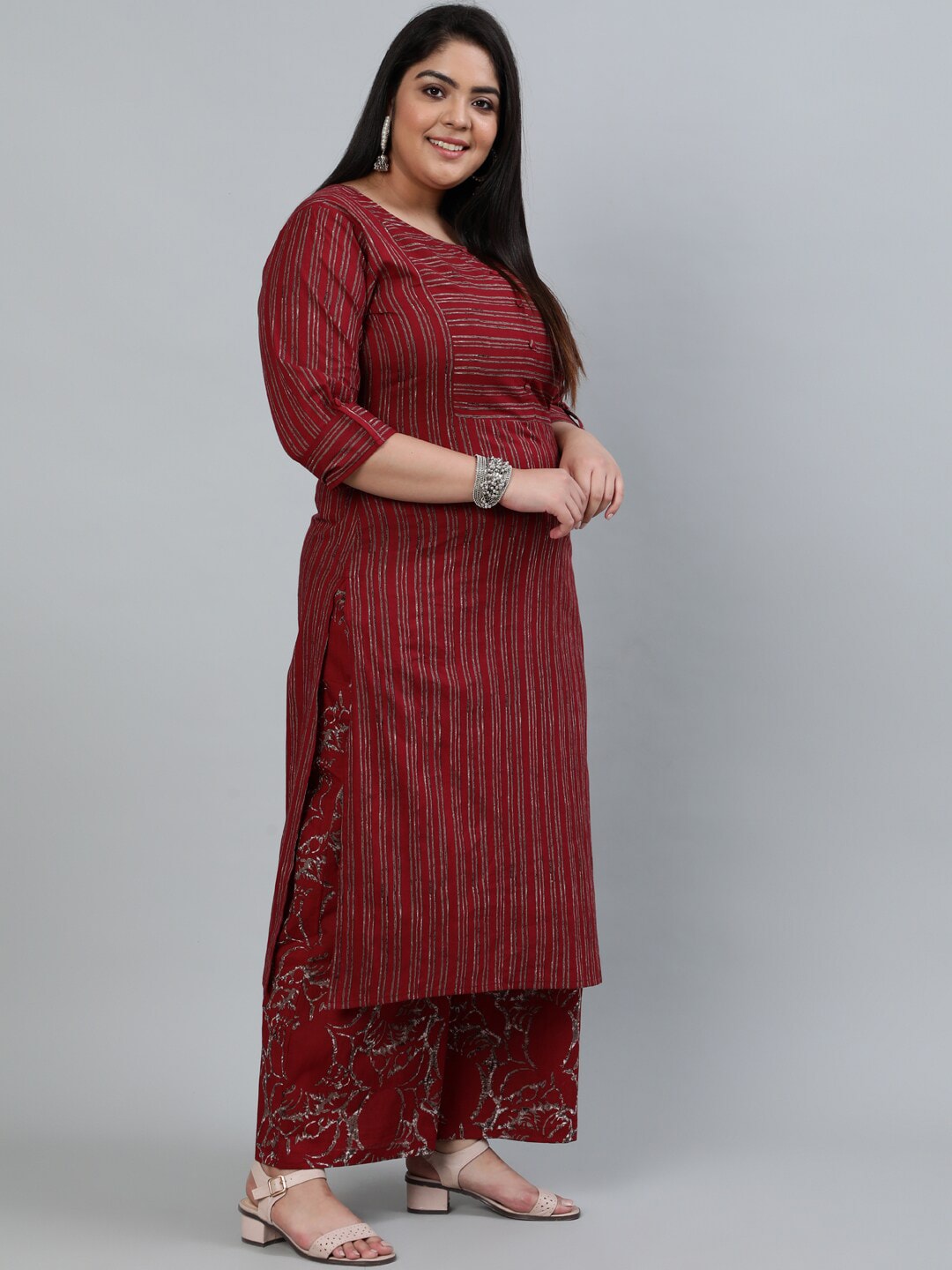 Plus Size Women Maroon Printed Straight Kurta With Palazo & Dupatta - Image 3