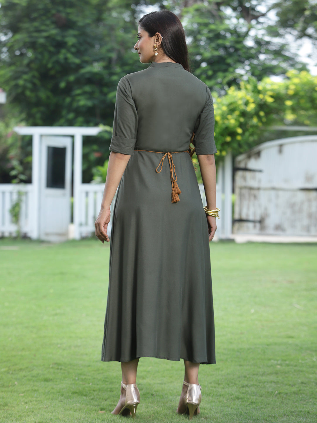 Darkolive Rayon Embellished Flared Dress - Image 3