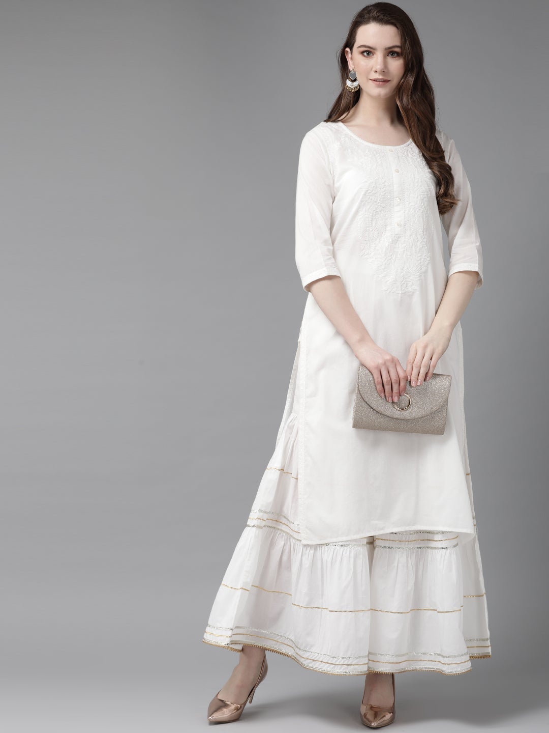 White Cotton Voile Embroidered Straight Kurta - Image 2