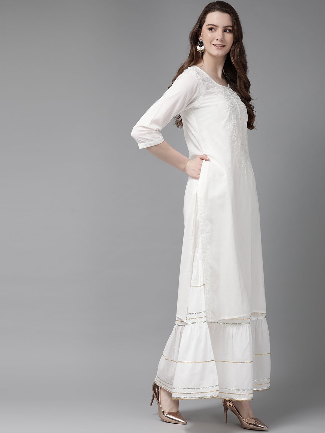 White Cotton Voile Embroidered Straight Kurta - Image 3