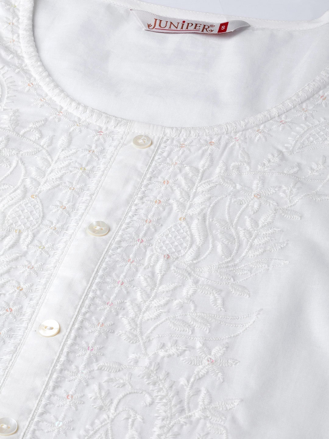 White Cotton Voile Embroidered Straight Kurta - Image 4