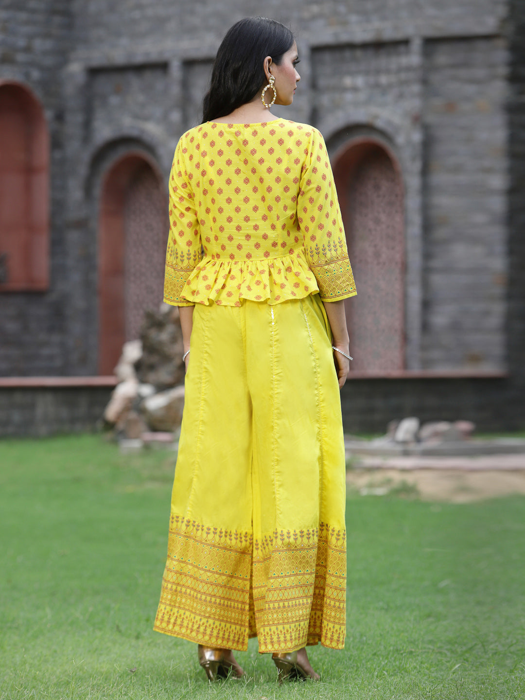Yellow Cambric Printed Peplum Clothing Set - Image 3