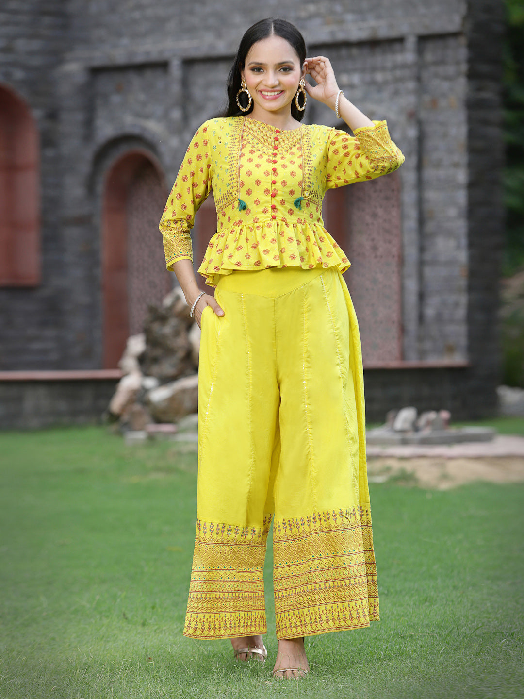 Yellow Cambric Printed Peplum Clothing Set - Image 4