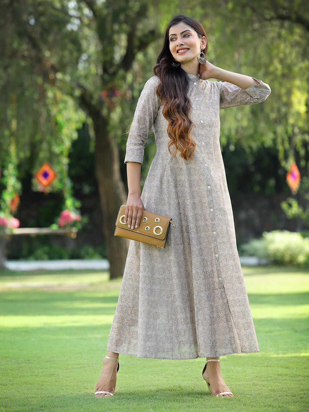 Beige Chanderi Silk Printed Anarkali Kurta - Image 2
