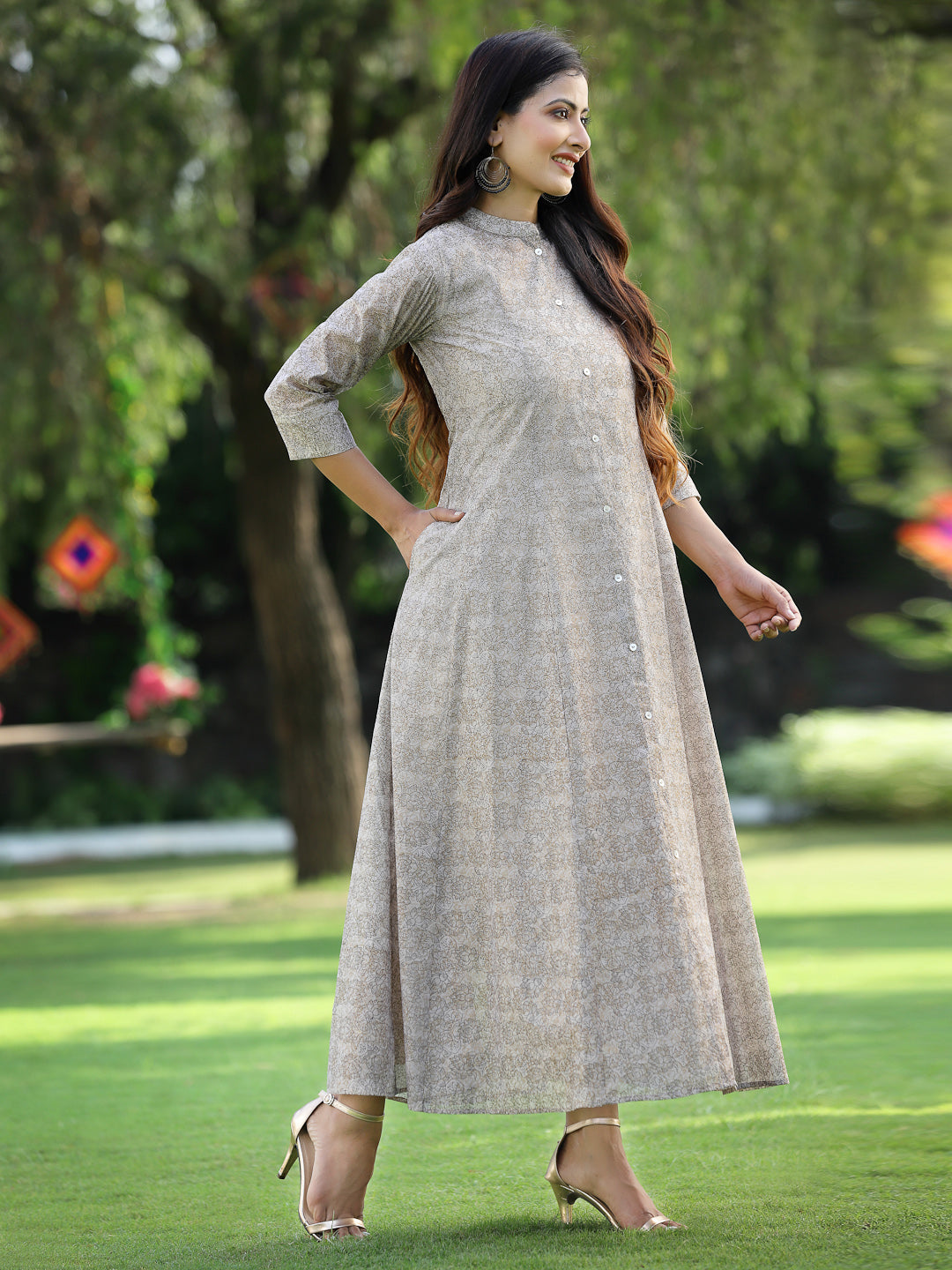 Beige Chanderi Silk Printed Anarkali Kurta - Image 4