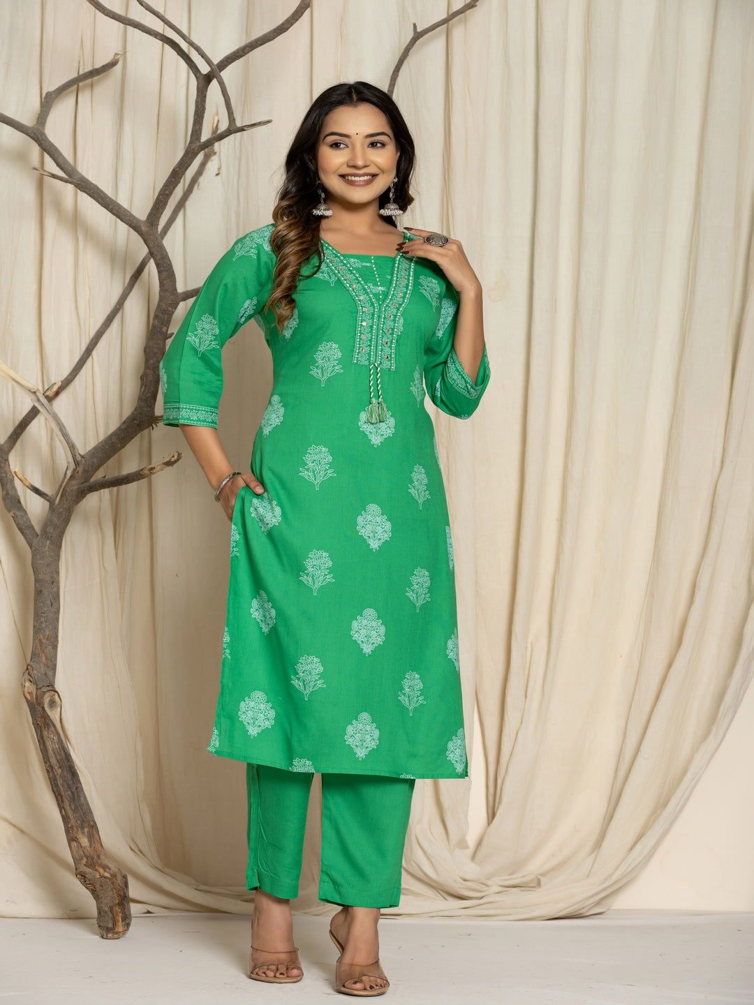 Floral Print Rayon Straight Kurta Set with Trousers & Dupatta - Image 3