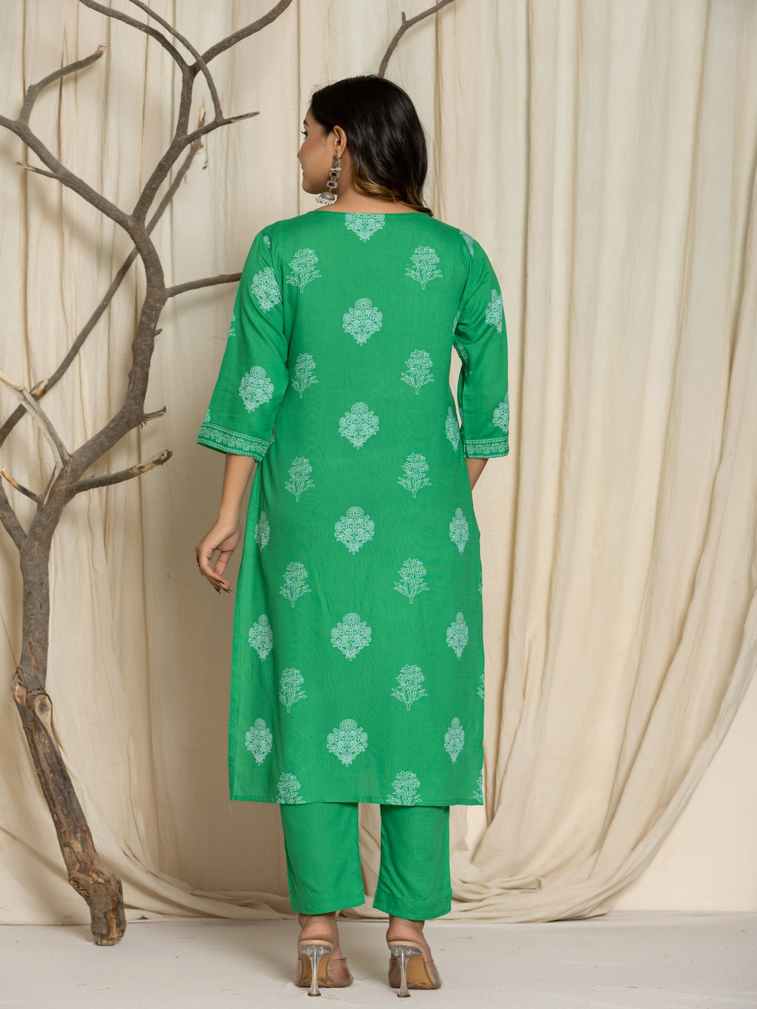 Floral Print Rayon Straight Kurta Set with Trousers & Dupatta - Image 4