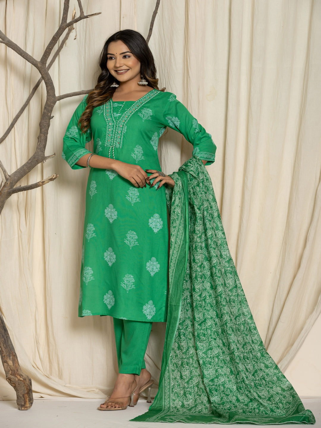 Floral Print Rayon Straight Kurta Set with Trousers & Dupatta - Image 5