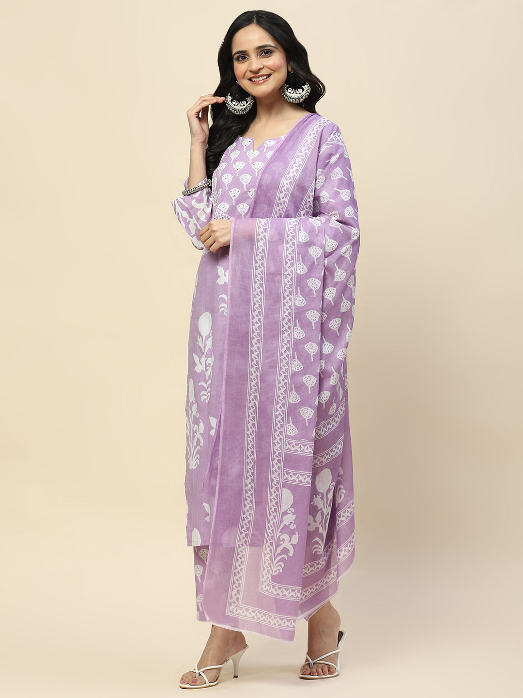 Printed Cotton Straight Kurta Pant With Dupatta Set (Purple) - Image 4