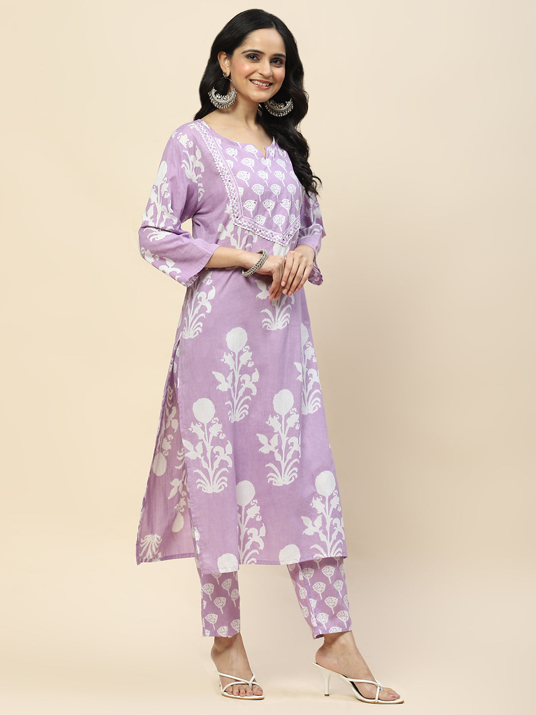 Printed Cotton Straight Kurta Pant With Dupatta Set (Purple) - Image 5