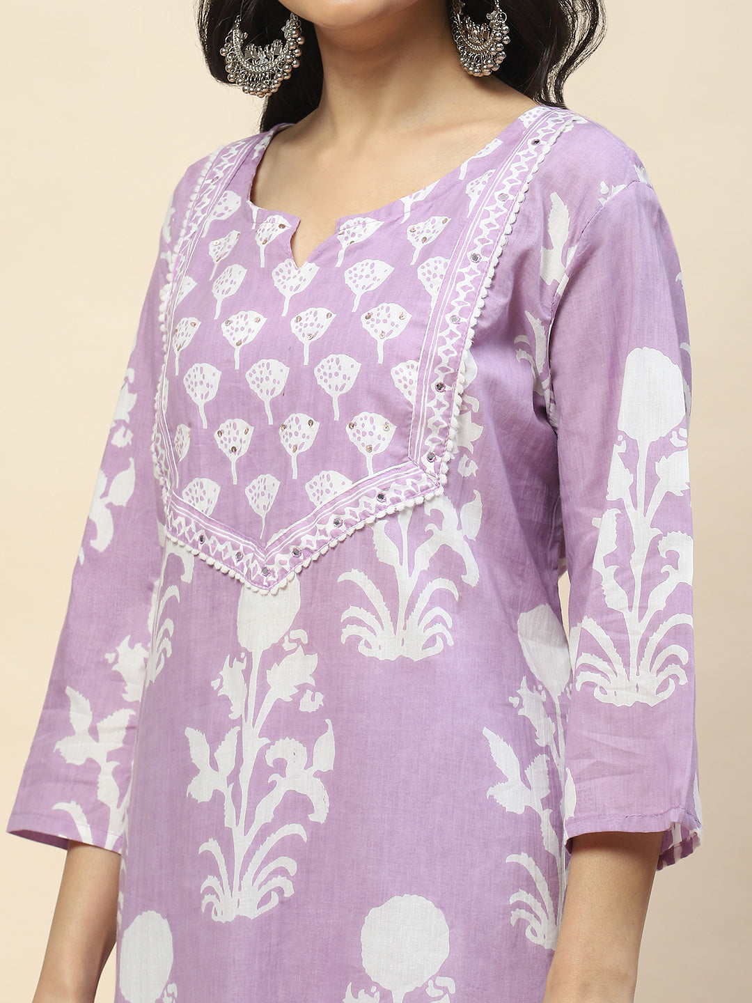 Printed Cotton Straight Kurta Pant With Dupatta Set (Purple) - Image 3