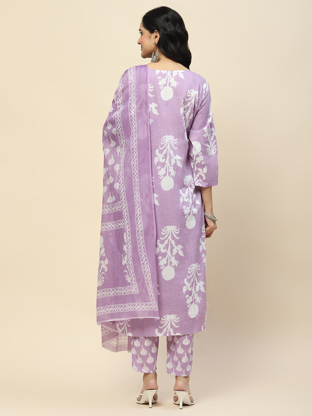 Printed Cotton Straight Kurta Pant With Dupatta Set (Purple) - Image 2