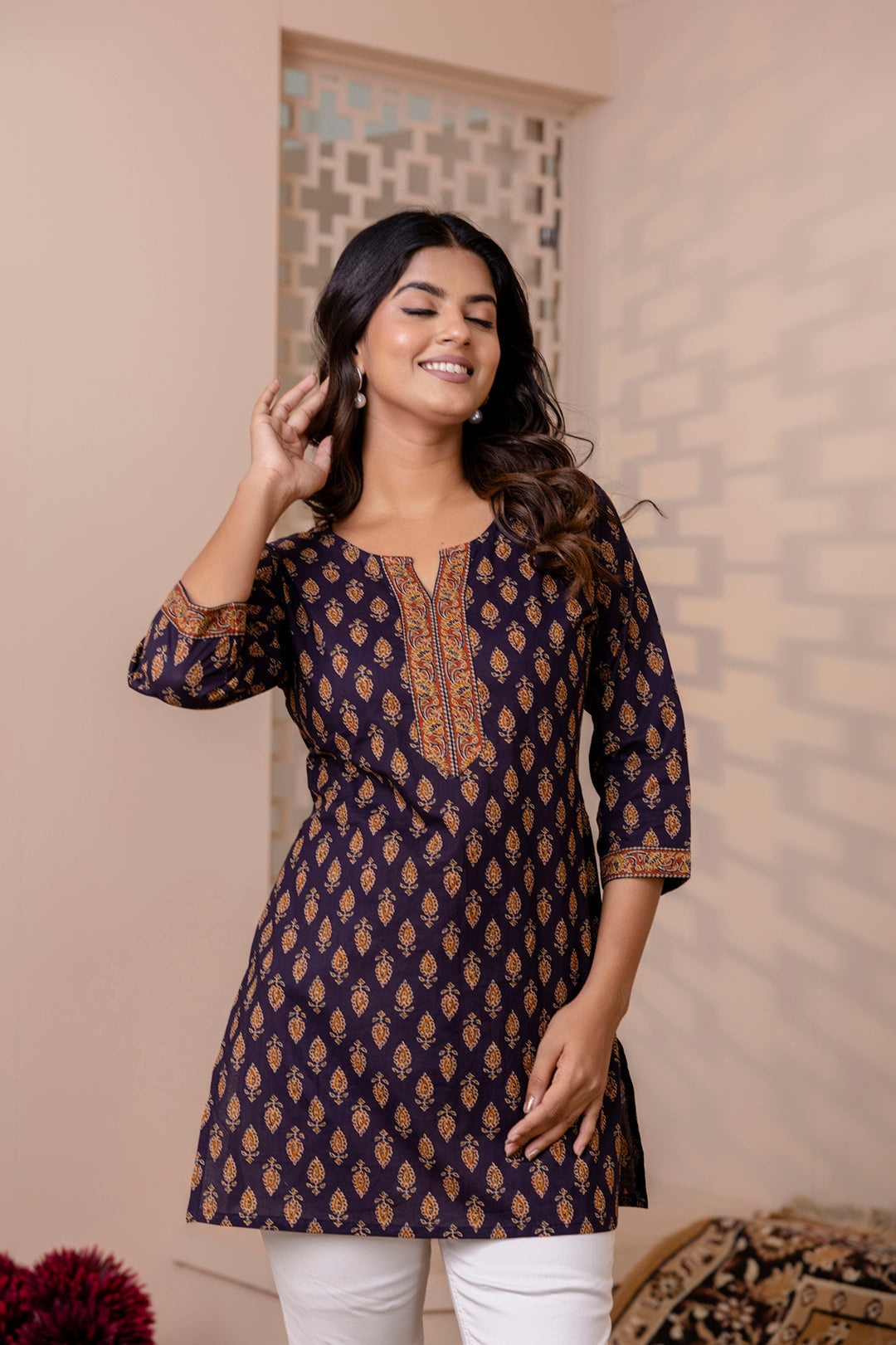 Navy Blue Printed Straight Tunic - Image 2