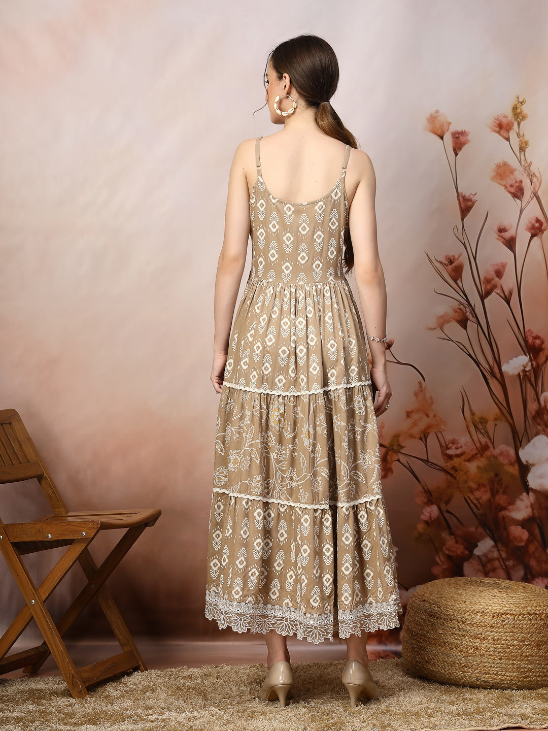 Beige Ikat Printed Rayon Tiered Dress - Image 4