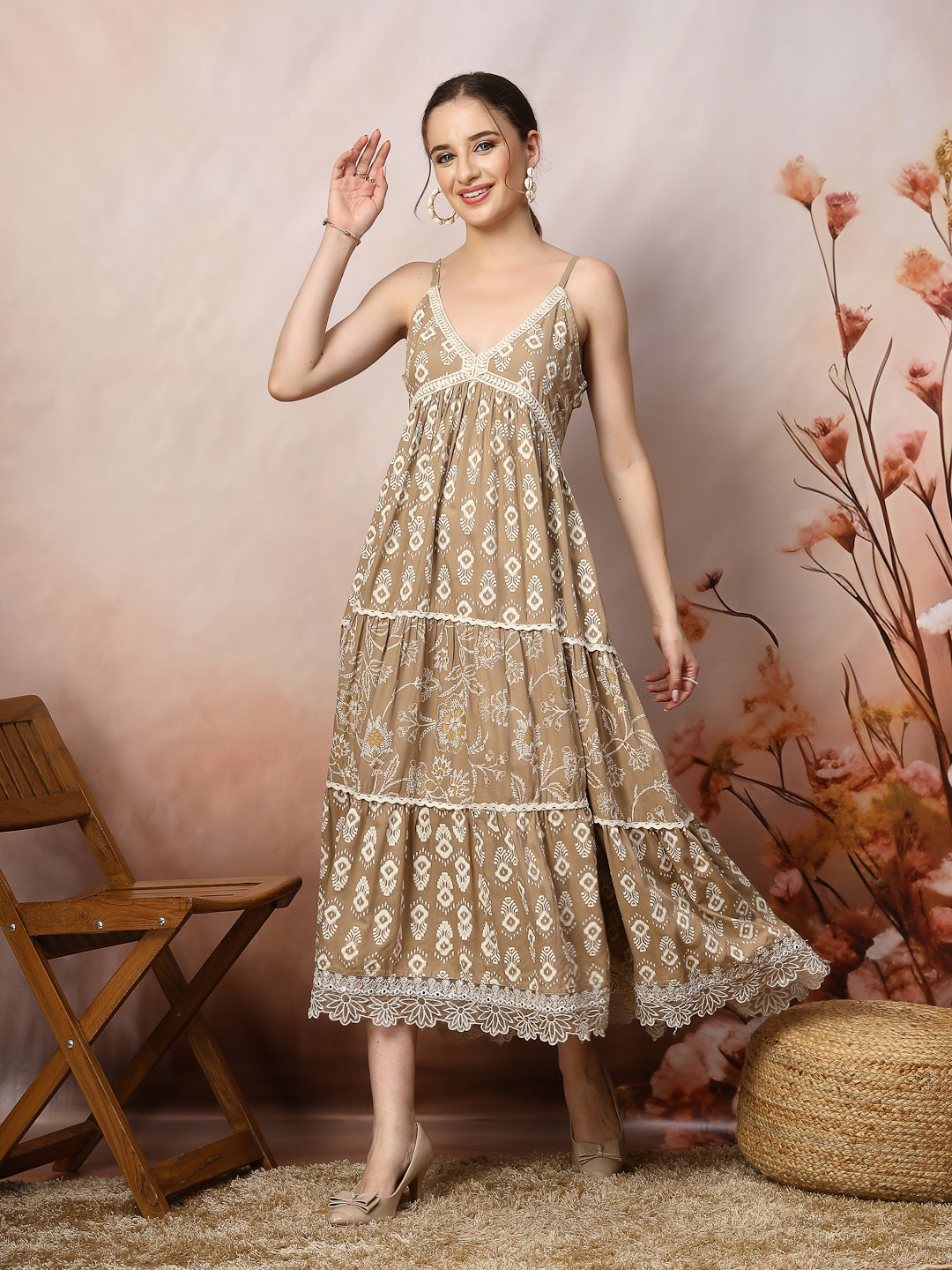 Beige Ikat Printed Rayon Tiered Dress - Image 6