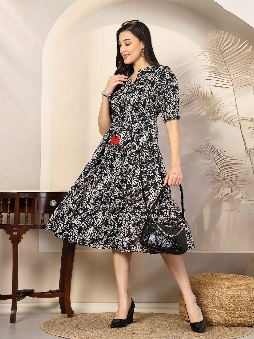 Black Floral Printed Polyester Tiered Dress - Image 6