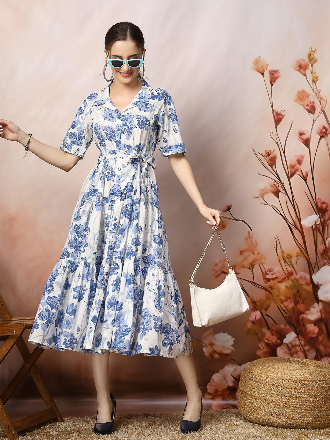 Floral Printed Cotton Flared Dress - Image 6