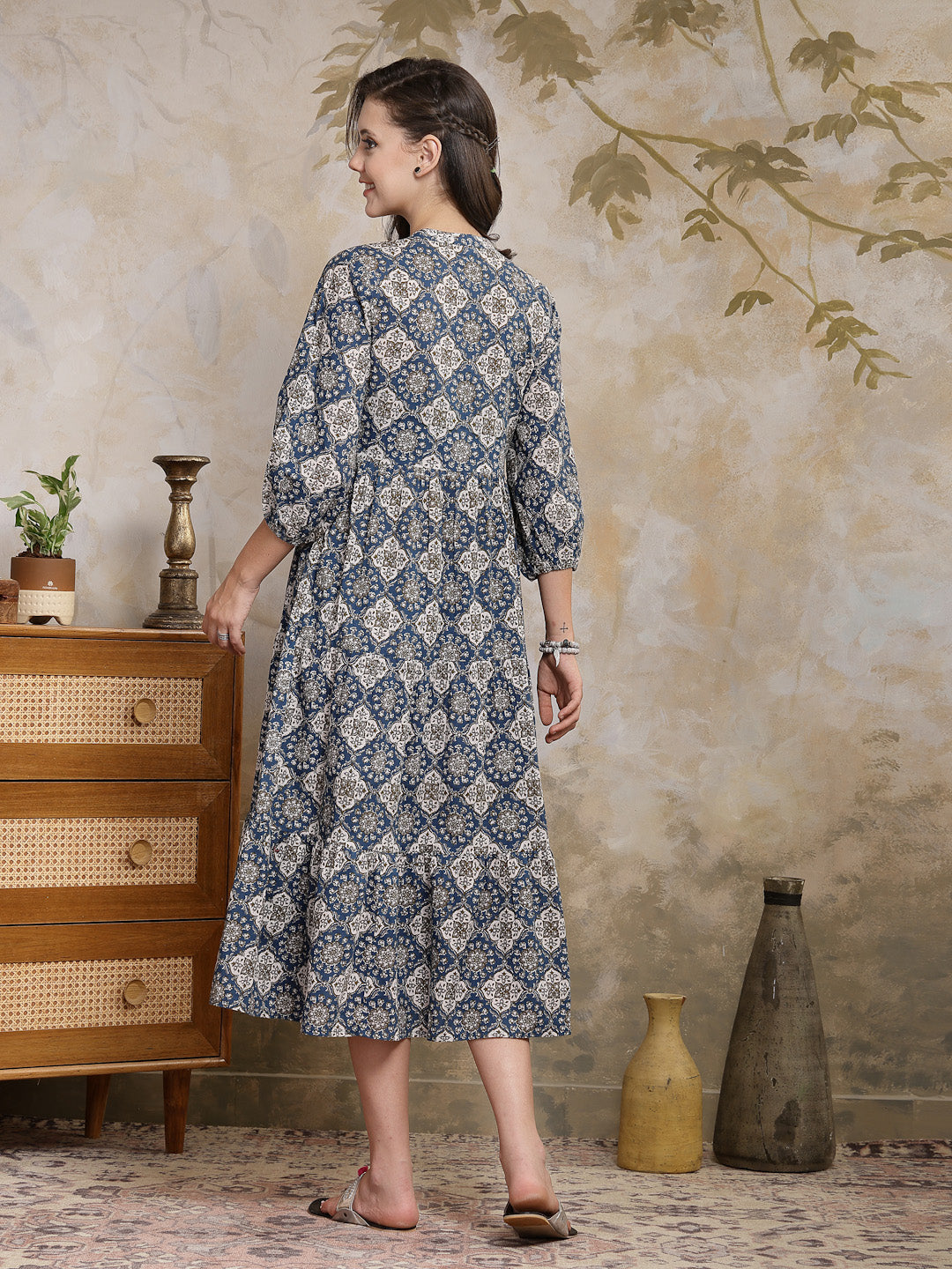 Ajrakh Printed Cotton Tiered Dress - Image 2