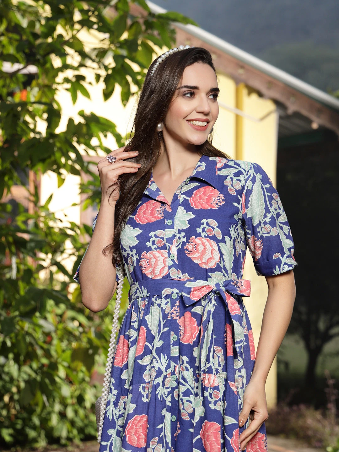 Blue Floral Printed Rayon Tiered Dress - Image 2