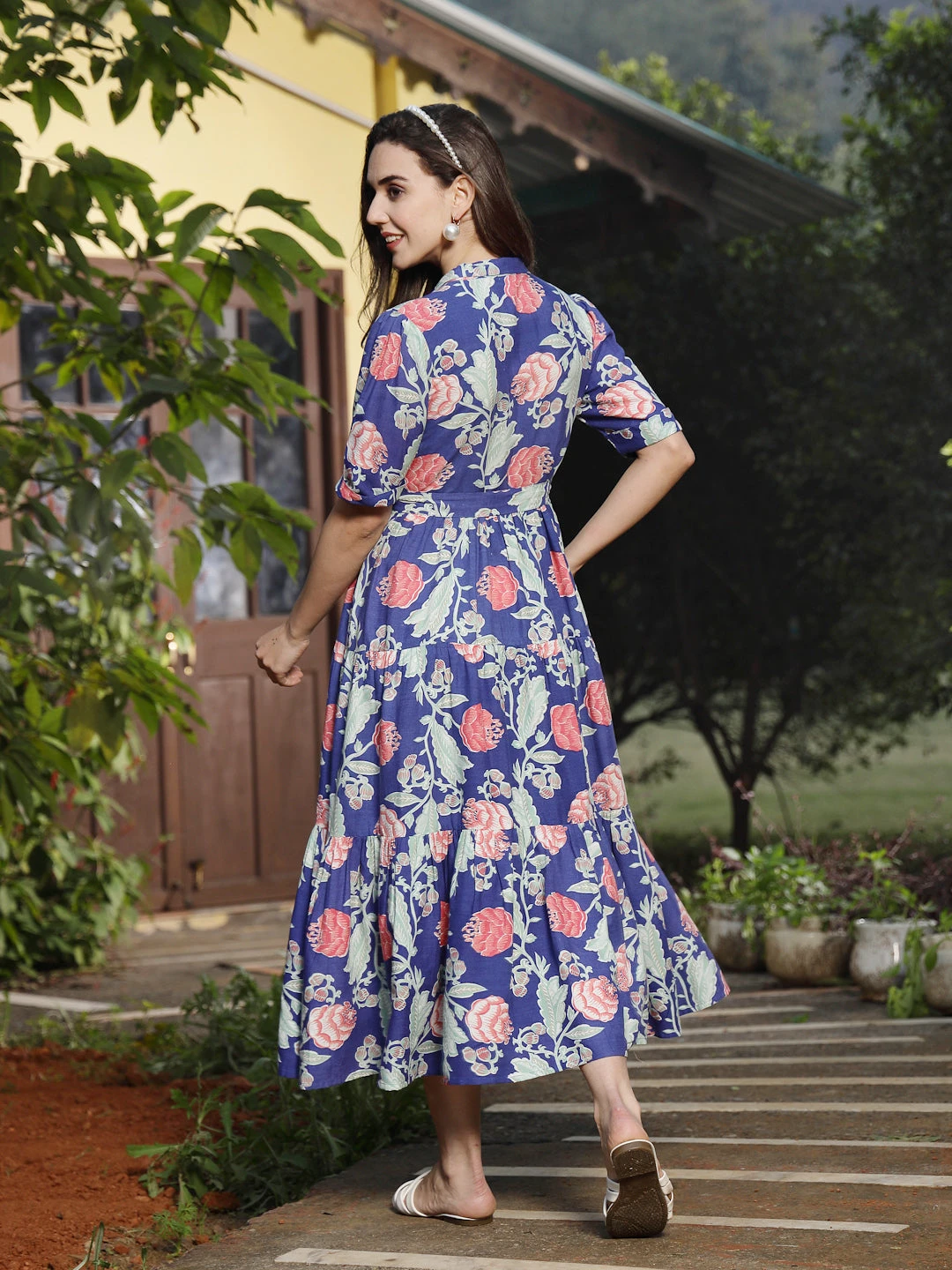 Blue Floral Printed Rayon Tiered Dress - Image 4