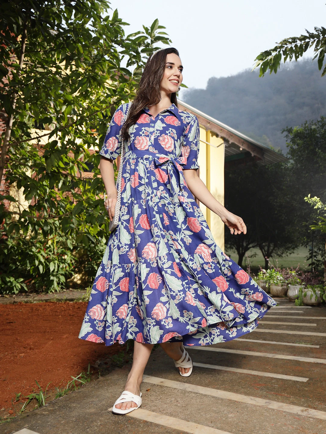 Blue Floral Printed Rayon Tiered Dress - Image 5