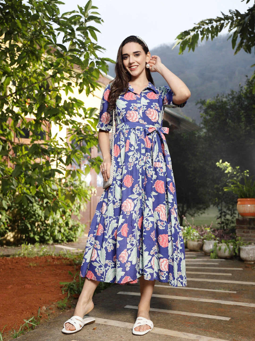 Blue Floral Printed Rayon Tiered Dress - Image 6