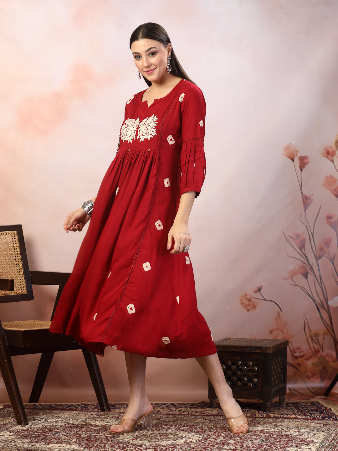 Maroon Bandhej Printed & Embroidered Rayon Maxi Dress - Image 6