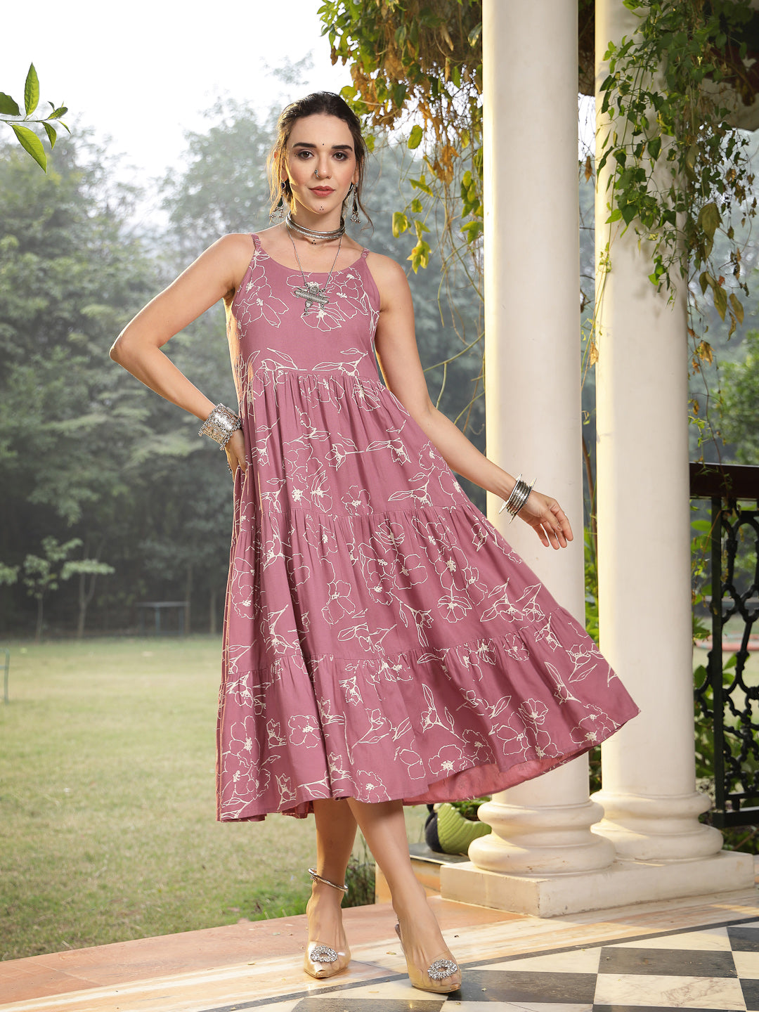 Mauve Floral Printed Rayon Tiered Dress