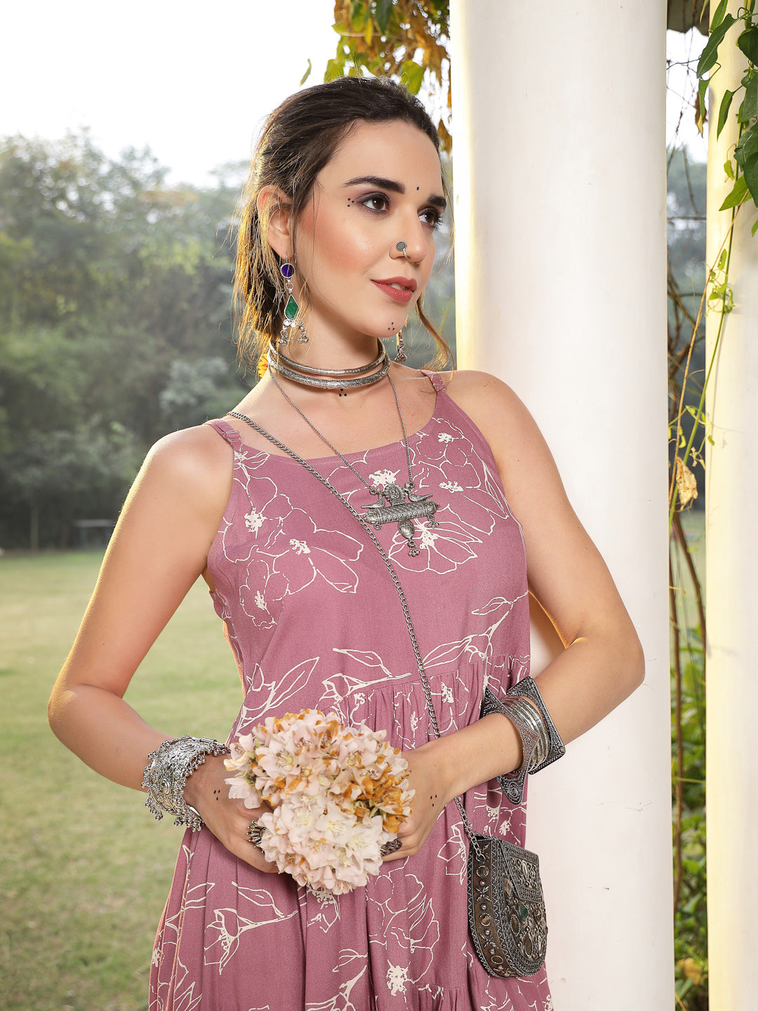 Mauve Floral Printed Rayon Tiered Dress - Image 2