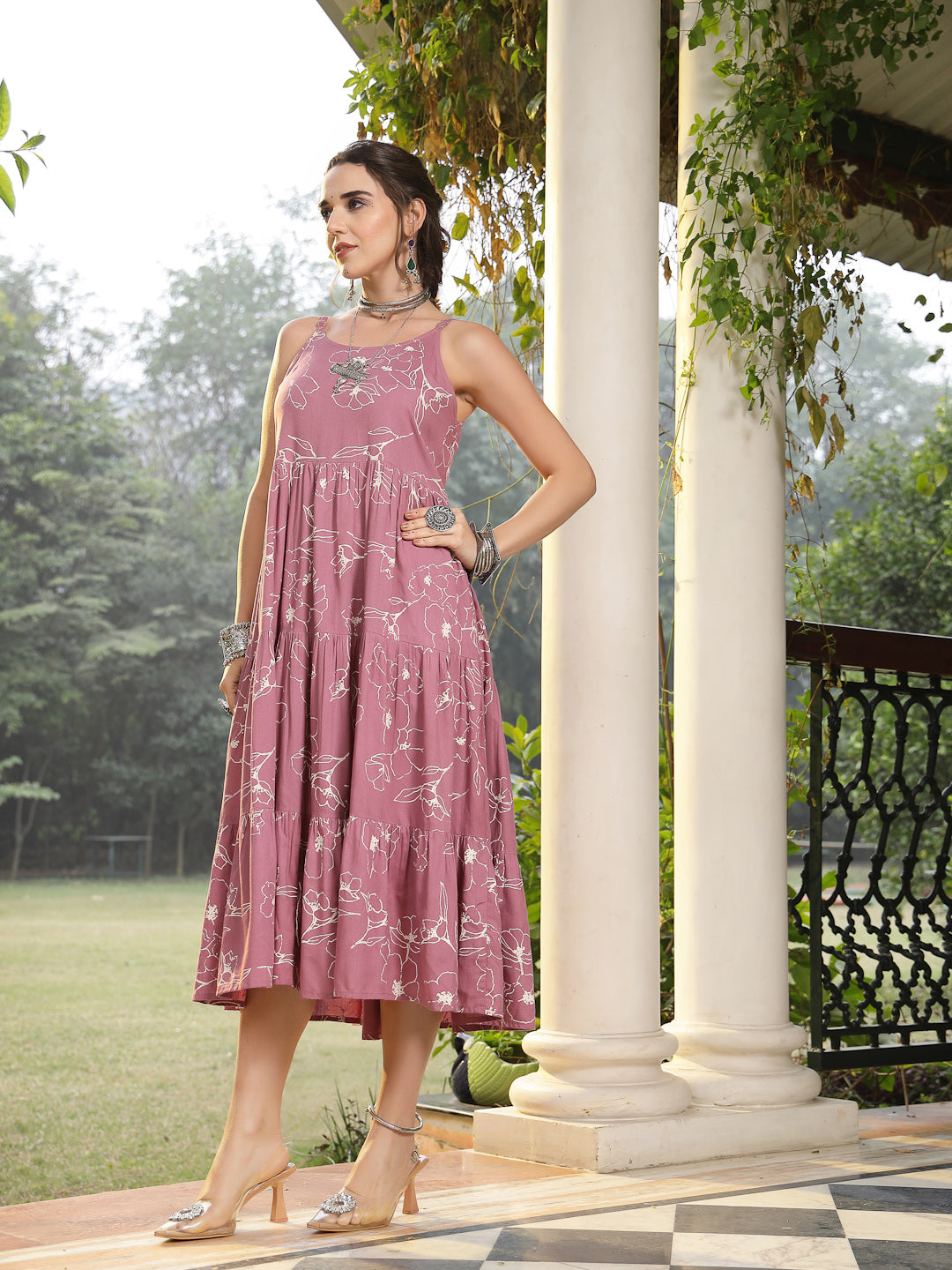 Mauve Floral Printed Rayon Tiered Dress - Image 5
