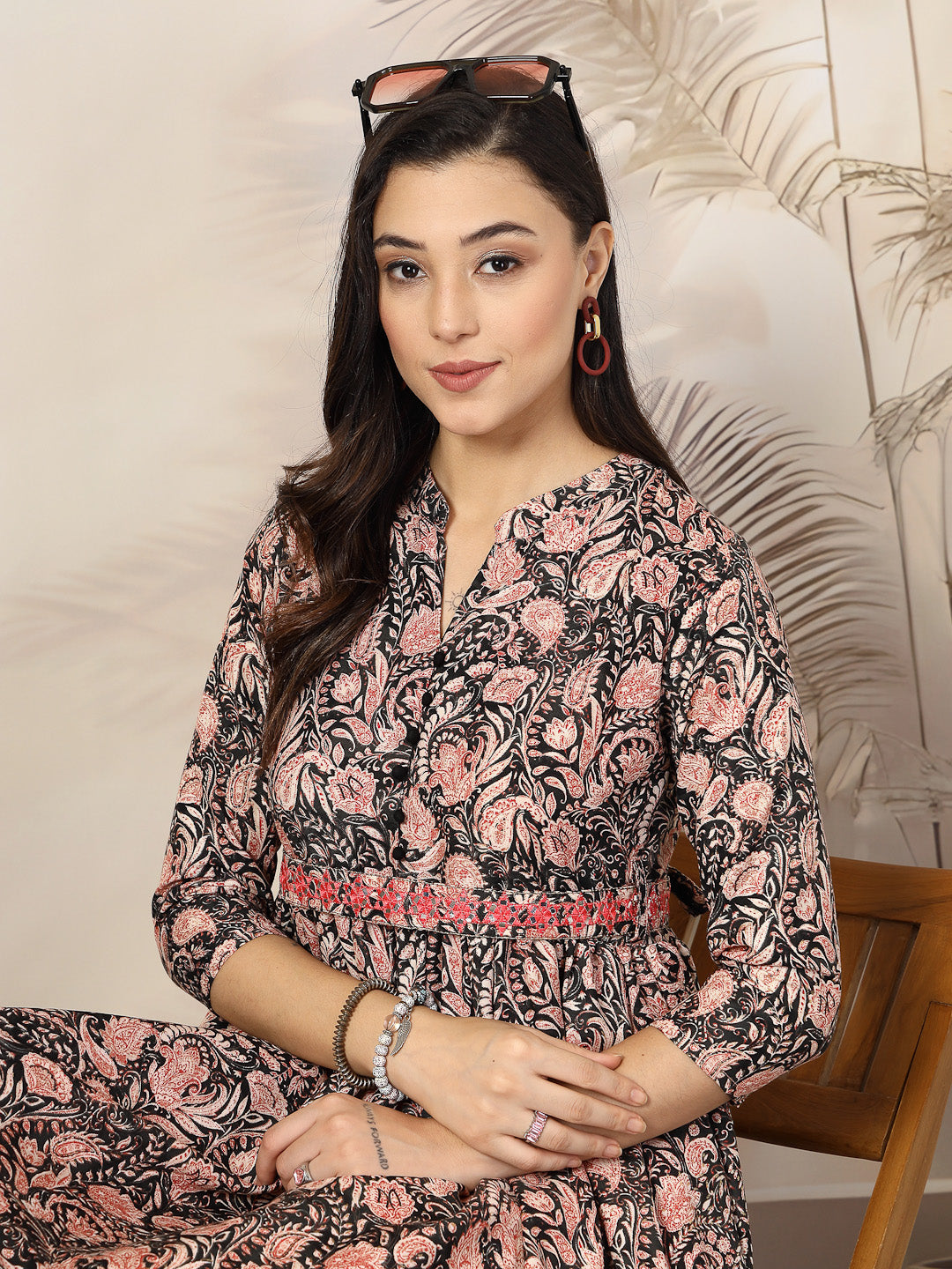 Black Paisly Printed Rayon A-Line Belted Dress - Image 2