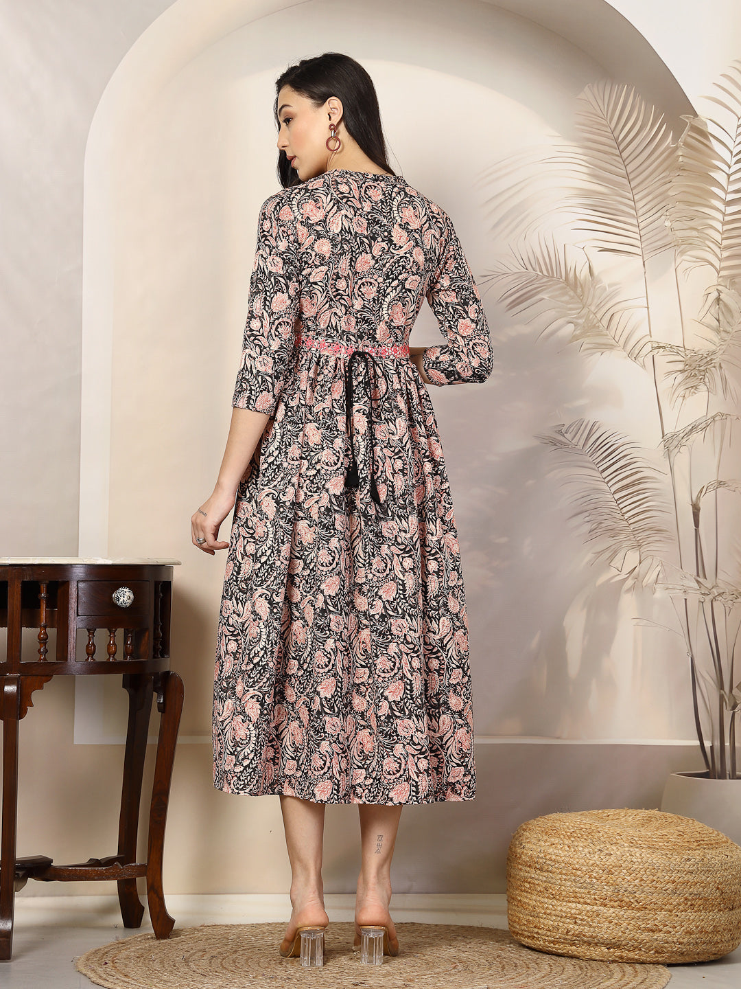 Black Paisly Printed Rayon A-Line Belted Dress - Image 4