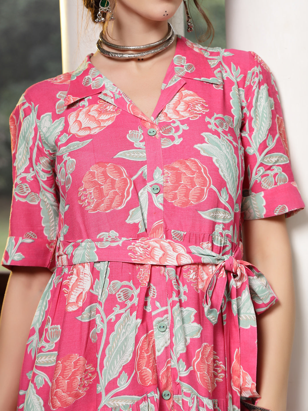 Pink Floral Printed Rayon Tiered Dress - Image 2