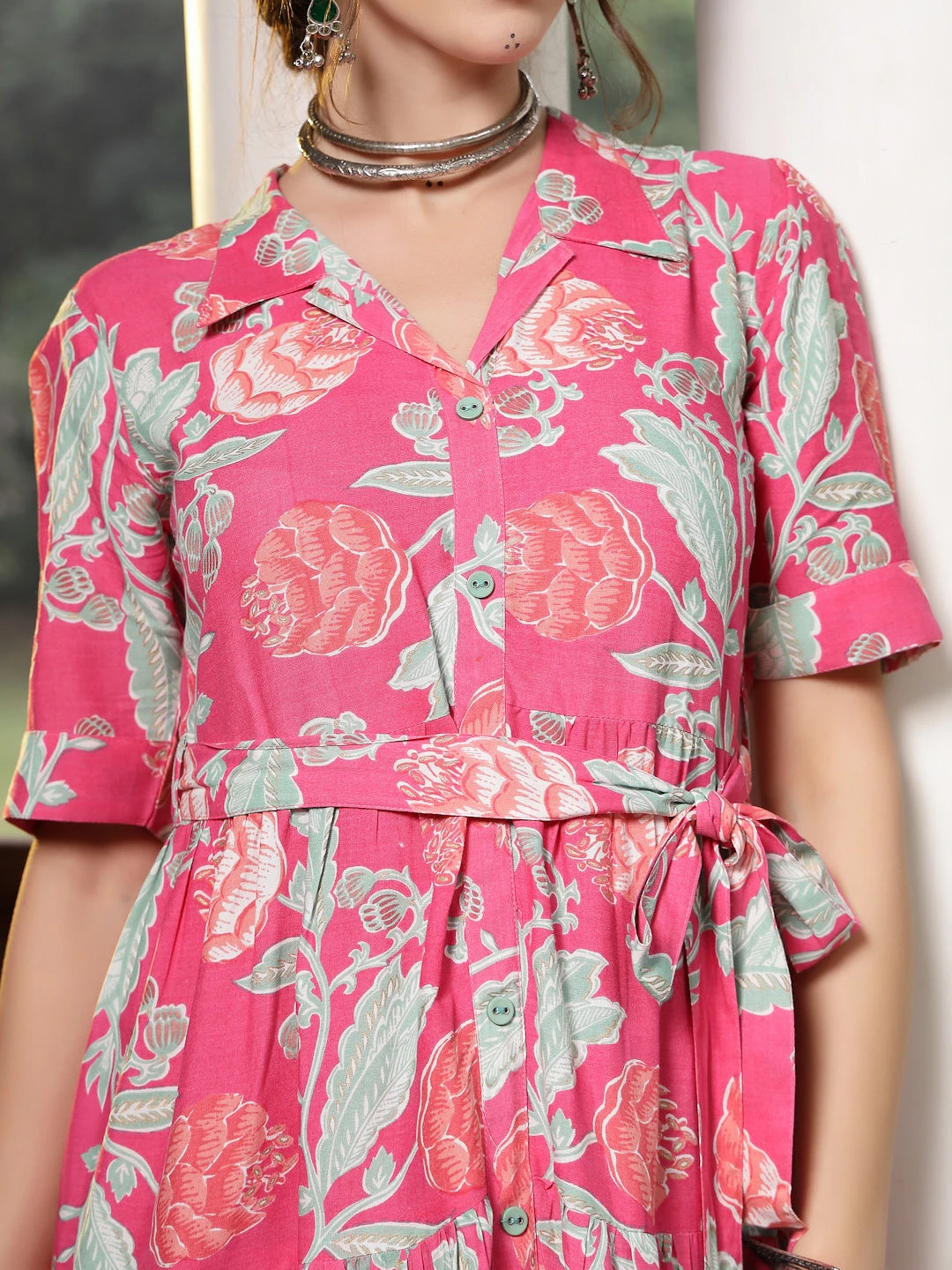 Pink Floral Printed Rayon Tiered Dress - Image 2
